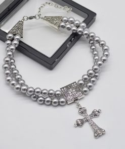 Double-Layer Cross Gray Pearl Choker Necklace - Trendy Minimalist Retro Neck Accessory for Effortless Style