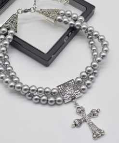 Double-Layer Cross Gray Pearl Choker Necklace - Trendy Minimalist Retro Neck Accessory for Effortless Style