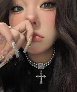 Double-Layer Cross Gray Pearl Choker Necklace - Trendy Minimalist Retro Neck Accessory for Effortless Style