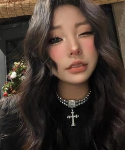 Double-Layer Cross Gray Pearl Choker Necklace - Trendy Minimalist Retro Neck Accessory for Effortless Style