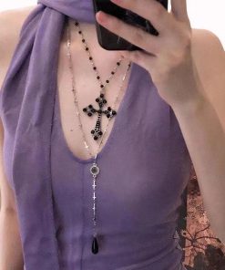 Double-Layer Gothic Punk Cross Necklace for Girls - Cool Spicy Niche Design Multi-Layer Clavicle Chain in Dark Style