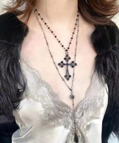 Double-Layer Gothic Punk Cross Necklace for Girls - Cool Spicy Niche Design Multi-Layer Clavicle Chain in Dark Style
