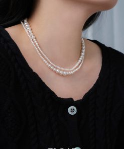 Double-Layer Gradient Round Pearl Necklace for Women - Elegant Autumn Winter Sweater Chain, Layered Fashion Accessory