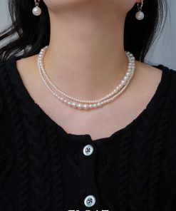 Double-Layer Gradient Round Pearl Necklace for Women - Elegant Autumn Winter Sweater Chain, Layered Fashion Accessory