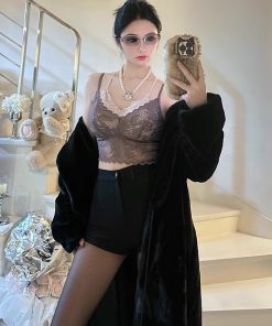 Double-Layer Lace Short Vest Top with Built-In Chest Pad - Spicy Girl Slimming Multi-Color Design for Y2K Style