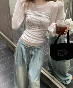 Double-Layer Mesh Long Sleeve Women's Slim Fit Polka Dot Spliced T-Shirt - Trendy Summer Top for Versatile Style
