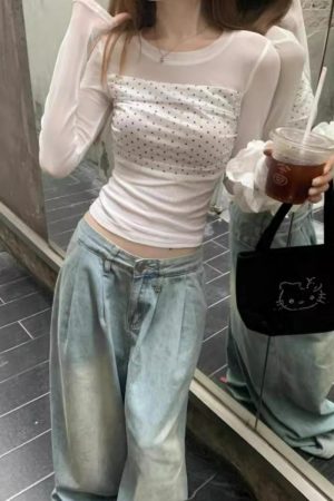 Double-Layer Mesh Long Sleeve Women's Slim Fit Polka Dot Spliced T-Shirt - Trendy Summer Top for Versatile Style