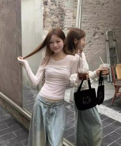 Double-Layer Mesh Long Sleeve Women's Slim Fit Polka Dot Spliced T-Shirt - Trendy Summer Top for Versatile Style