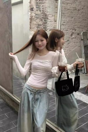 Double-Layer Mesh Long Sleeve Women's Slim Fit Polka Dot Spliced T-Shirt - Trendy Summer Top for Versatile Style