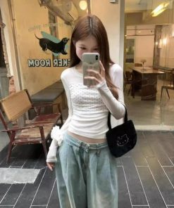 Double-Layer Mesh Long Sleeve Women's Slim Fit Polka Dot Spliced T-Shirt - Trendy Summer Top for Versatile Style