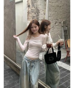 Double-Layer Mesh Long Sleeve Women's Slim Fit Polka Dot Spliced T-Shirt - Trendy Summer Top for Versatile Style