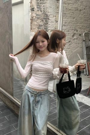Double-Layer Mesh Long Sleeve Women's Slim Fit Polka Dot Spliced T-Shirt - Trendy Summer Top for Versatile Style