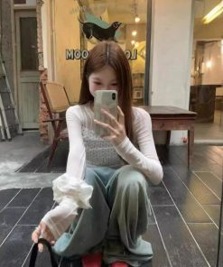 Double-Layer Mesh Long Sleeve Women's Slim Fit Polka Dot Spliced T-Shirt - Trendy Summer Top for Versatile Style