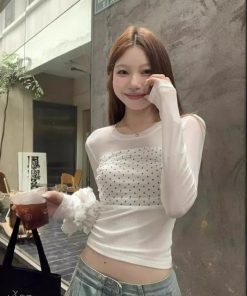 Double-Layer Mesh Long Sleeve Women's Slim Fit Polka Dot Spliced T-Shirt - Trendy Summer Top for Versatile Style