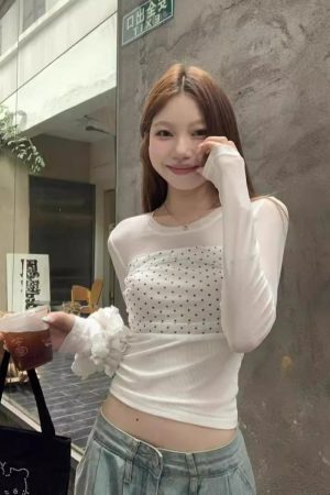 Double-Layer Mesh Long Sleeve Women's Slim Fit Polka Dot Spliced T-Shirt - Trendy Summer Top for Versatile Style
