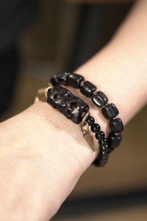 Double-Layer Mixed Design Bracelet for Men and Women - Sandalwood & Black Stone, Unique Personality Jewelry
