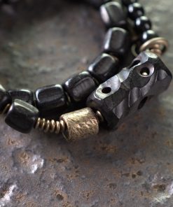 Double-Layer Mixed Design Bracelet for Men and Women - Sandalwood & Black Stone, Unique Personality Jewelry