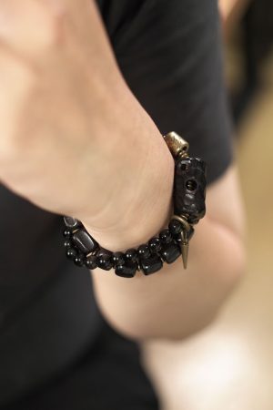 Double-Layer Mixed Design Bracelet for Men and Women - Sandalwood & Black Stone, Unique Personality Jewelry