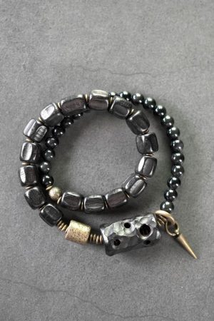 Double-Layer Mixed Design Bracelet for Men and Women - Sandalwood & Black Stone, Unique Personality Jewelry