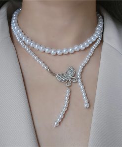 Double-Layer Pearl Butterfly Necklace for Women, Elegant Collarbone Chain, Simple & Versatile Jewelry for Everyday Style