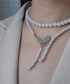 Double-Layer Pearl Butterfly Necklace for Women, Elegant Collarbone Chain, Simple & Versatile Jewelry for Everyday Style