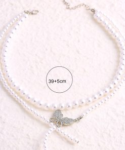 Double-Layer Pearl Butterfly Necklace for Women, Elegant Collarbone Chain, Simple & Versatile Jewelry for Everyday Style