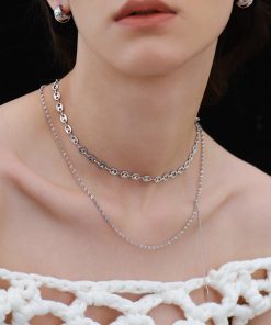 Double-Layer Pig Nose Chain Necklace - Trendy European American Style Clavicle Silver Sweater Jewelry