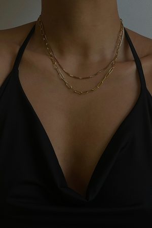 Double-Layer Stacked Chain Necklace - Hip-Hop Inspired Titanium Steel Gold-Plated Clavicle Chain for Versatile Street Fashion