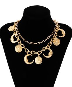 Double-Layer Vintage Crescent Pendant Necklace for Women, Personalized Chain with Relief Portrait & Tassel - European and American Style