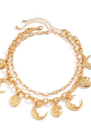 Double-Layer Vintage Crescent Pendant Necklace for Women, Personalized Chain with Relief Portrait & Tassel - European and American Style