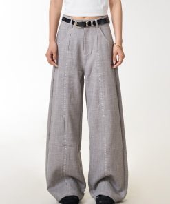 Double Pleat Casual Straight Pants for Women - American Vintage Loose Fit Trousers with Slimming Draped Effect, Y2K Inspired Fashion