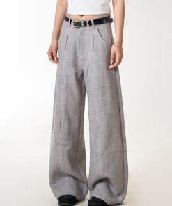 Double Pleat Casual Straight Pants for Women - American Vintage Loose Fit Trousers with Slimming Draped Effect, Y2K Inspired Fashion