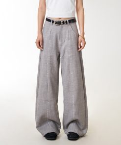 Double Pleat Casual Straight Pants for Women - American Vintage Loose Fit Trousers with Slimming Draped Effect, Y2K Inspired Fashion