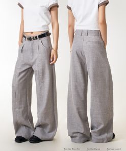 Double Pleat Casual Straight Pants for Women - American Vintage Loose Fit Trousers with Slimming Draped Effect, Y2K Inspired Fashion