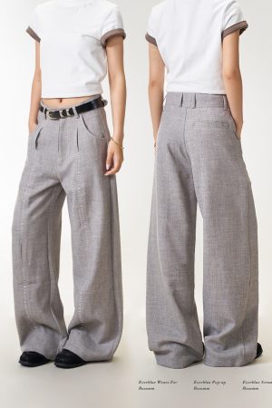 Double Pleat Casual Straight Pants for Women - American Vintage Loose Fit Trousers with Slimming Draped Effect, Y2K Inspired Fashion