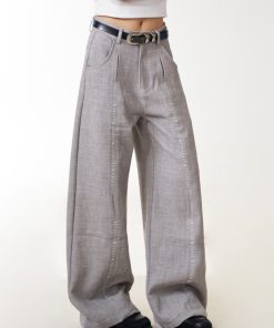 Double Pleat Casual Straight Pants for Women - American Vintage Loose Fit Trousers with Slimming Draped Effect, Y2K Inspired Fashion