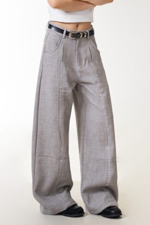 Double Pleat Casual Straight Pants for Women - American Vintage Loose Fit Trousers with Slimming Draped Effect, Y2K Inspired Fashion