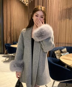 Double-Sided Cashmere Coat for Women with Detachable Fox Fur - High-End Winter Cape Wool Outerwear