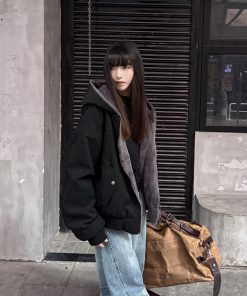 Double-Sided Mountain Eagle Coat for Women, Thick Fleece American Retro Jacket, Hooded Couple Streetwear