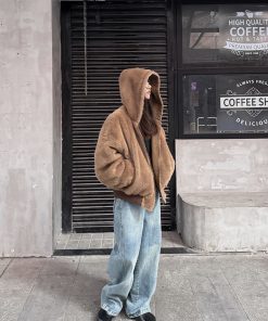 Double-Sided Mountain Eagle Coat for Women, Thick Fleece American Retro Jacket, Hooded Couple Streetwear