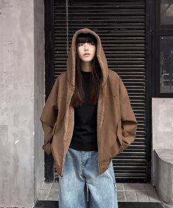 Double-Sided Mountain Eagle Coat for Women, Thick Fleece American Retro Jacket, Hooded Couple Streetwear