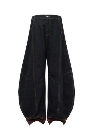 Double-Sided Seam Snake Skin Fabric Splicing Wide-Leg Curved Knife Jeans - Trendy Y2K Style Denim Trousers for a Chic Look
