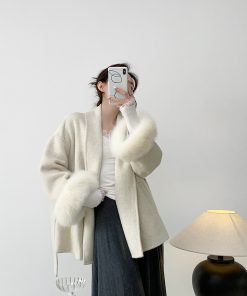Double-Sided Wool Coat for Women - Mid-Length Belted Lapel Bathrobe Style with Fox Fur Cuffs - Small Size, Elegant Winter Outerwear