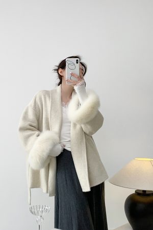 Double-Sided Wool Coat for Women - Mid-Length Belted Lapel Bathrobe Style with Fox Fur Cuffs - Small Size, Elegant Winter Outerwear