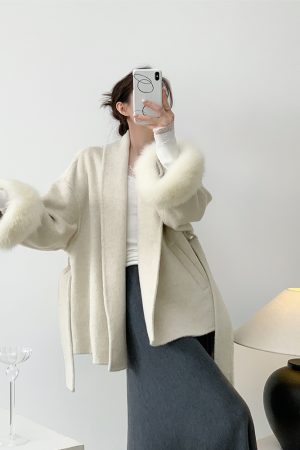 Double-Sided Wool Coat for Women - Mid-Length Belted Lapel Bathrobe Style with Fox Fur Cuffs - Small Size, Elegant Winter Outerwear