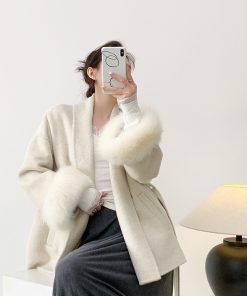 Double-Sided Wool Coat for Women - Mid-Length Belted Lapel Bathrobe Style with Fox Fur Cuffs - Small Size, Elegant Winter Outerwear