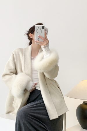 Double-Sided Wool Coat for Women - Mid-Length Belted Lapel Bathrobe Style with Fox Fur Cuffs - Small Size, Elegant Winter Outerwear