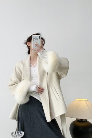 Double-Sided Wool Coat for Women - Mid-Length Belted Lapel Bathrobe Style with Fox Fur Cuffs - Small Size, Elegant Winter Outerwear