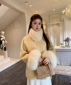 Double-Sided Wool Coat with Fox Fur Cuffs and Collar for Women, Autumn Winter Fashion, Elegant Short Jacket