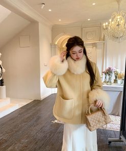 Double-Sided Wool Coat with Fox Fur Cuffs and Collar for Women, Autumn Winter Fashion, Elegant Short Jacket